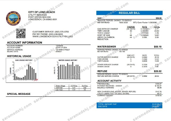 USA City of Long Beach utility bill template in Word and PDF format